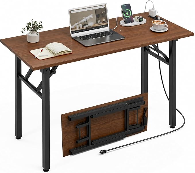 XBurmo Small Folding Desk Folding Table, No Assembly Foldable Desk Gaming Desk, 43.3-Inch Computer Table Workstation with 2 AC Outlets and 2 USB Ports for Bedroom and Home Office, Dark Walnut
