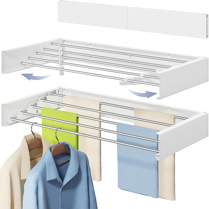 Vikaqi Wall Mounted Foldable Clothes Drying Rack, 31.5-Inch Wide, 5 Stainless Steel Rods, Space-Saving Laundry Drying Rack with Wall Template, White