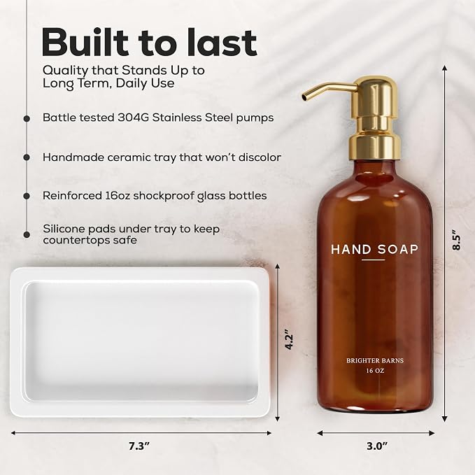 Luxury Glass Soap and Lotion Dispenser Set with Tray by Brighter Barns - Hand Soap Dispenser Bathroom Set w/Stainless Steel Pump - Gold Bathroom Decor for Guest House, Airbnb, Spa, Gift (Amber/Gold)