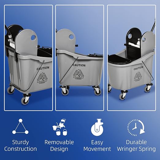 HOMCOM 9.5 Gallon (38 Quart) Mop Bucket with Wringer Cleaning Cart Grey | 4 Moving Wheels, 2 Separate Buckets, Mop-Handle Holder