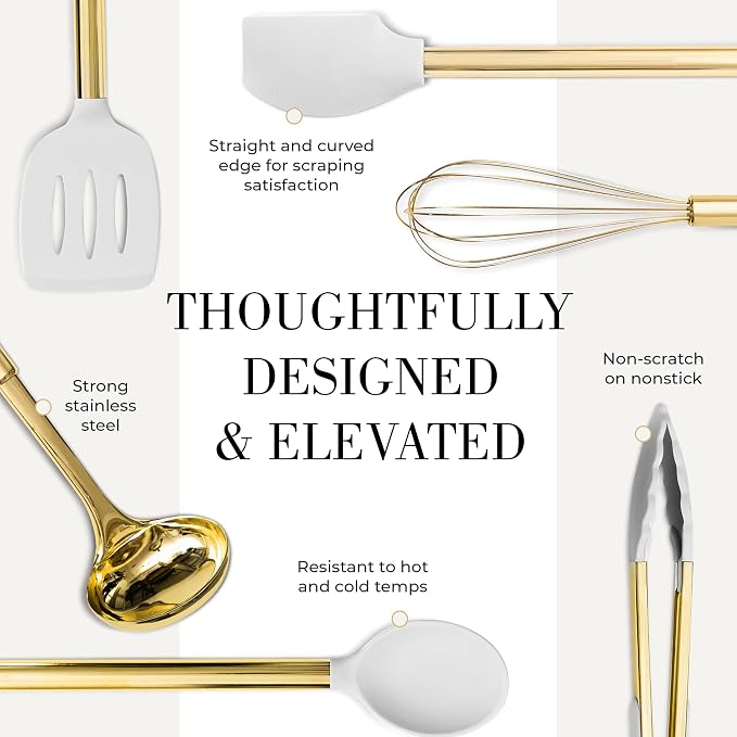 Gold Kitchen Utensils, 7-Piece Silicone Kitchen Utensils Set with Utensil Holder, White and Gold Kitchen Accessories, Luxury Kitchen Accessories for Modern Kitchens