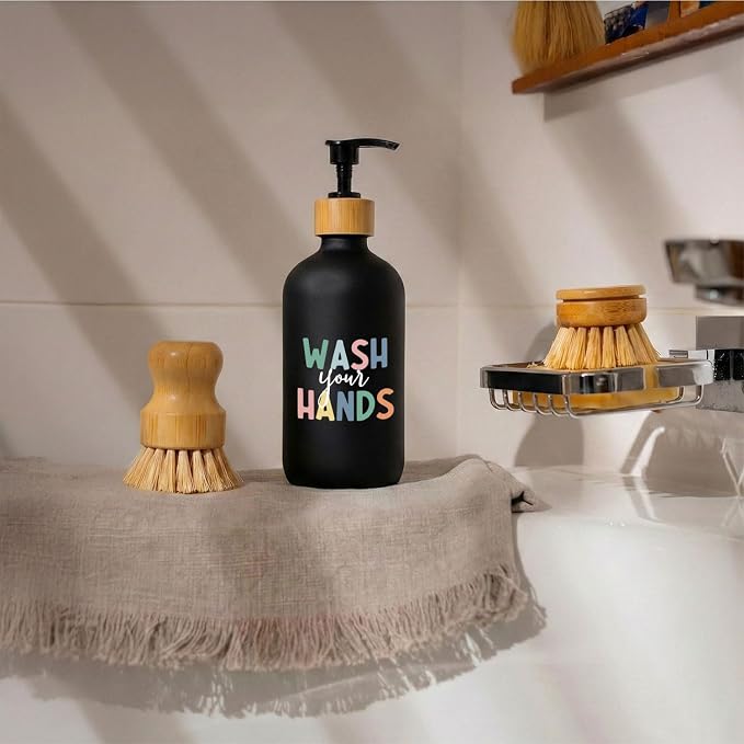 Kids Bathroom Boho Soap Dispenser, Wash Your Hands Bathroom Countertop Hand Soap Dispenser with Pump, Colorful Toddler Decor Handsoap Refillable Glass Pump Bottle Container (Black)