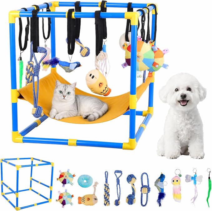 Puppy Play Gym with 12 Hanging Toys, 2-in-1 Dog Play Gym & Hammock, Adjustable Puppy Enrichment Toys for Small Dogs/Cat, Interactive Activity Center, Indoor Playground for Teething (23.6")
