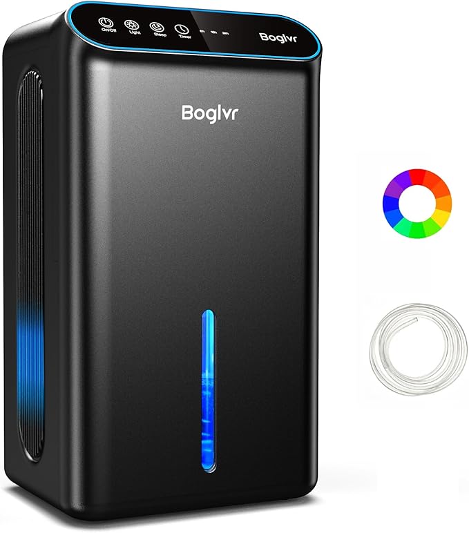 Dehumidifier for Home up to 1000 sq.ft, 98oz Small Quiet Dehumidifier with Drain Hose, 3 Timer Modes, Auto Shut Off, Aromatherapy & 7 Color Light for Bedroom, Bathroom, Basement (Pure Black)
