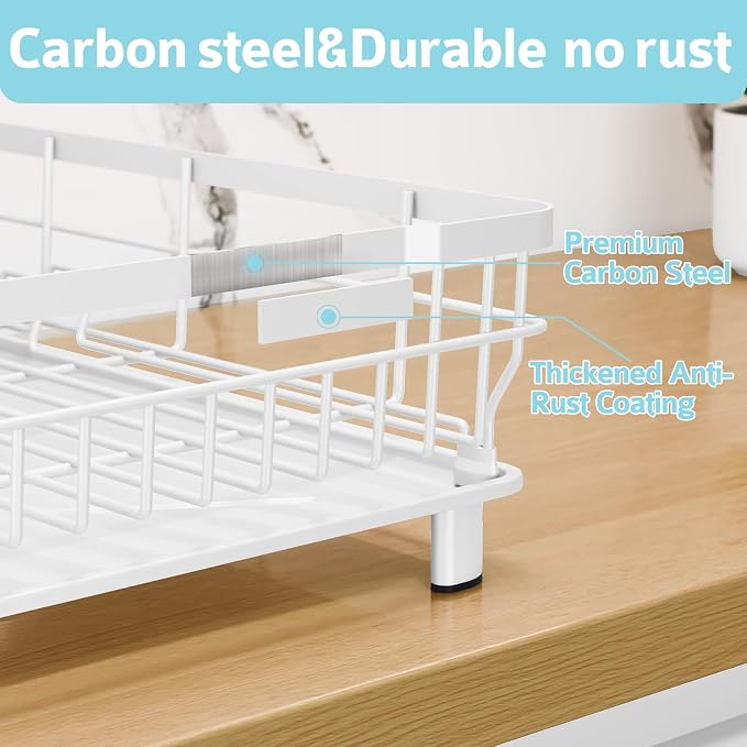 Dish Drying Rack for Kitchen Counter,12.8" W x 16.9" L,White | Space Saving Dish Rack, Self-Draining Drainboard, Rustproof Dish Drainer, Removable Utensil Holder