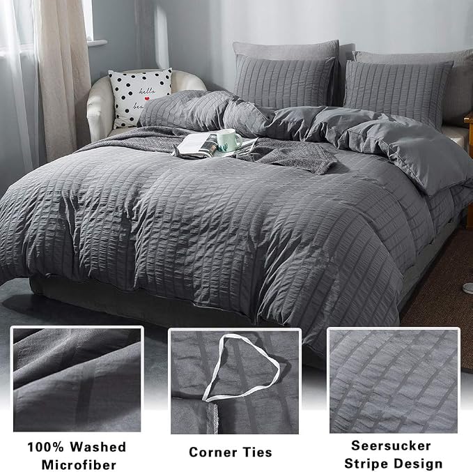 AveLom Gray Duvet Cover Queen Size, Textured Seersucker Duvet Cover Set, Soft Washed Microfiber with Zipper Closure and Corner Ties, 3 Pieces, 90" x 90" Duvet Cover & 2 Pillowcases