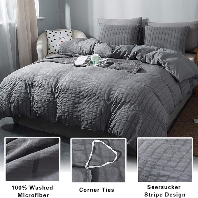 AveLom Gray Duvet Cover King Size, Textured Seersucker Duvet Cover Set, Soft Washed Microfiber with Zipper Closure and Corner Ties, 3 Pieces, 104" x 90" Duvet Cover & 2 Pillowcases