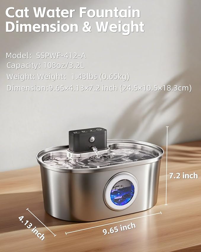 Cordless 3.2L/108oz Stainless Steel Cat Water Fountain Pet Fountain | Rechargeable Pet Water Dispenser - Motion Sensor Activation - Multi-Layer Filtration - Ultra-Quiet Pump (1 Filters)