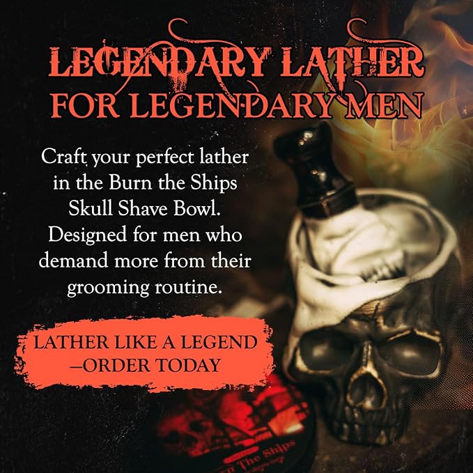 Burn The Ships Ceramic Skull Shave Bowl | Handmade Lather Mug for Men | Hot Foam Brush Dish | Vintage Razor Soap Holder | Beard Grooming Accessory | Luxury Gift for Him