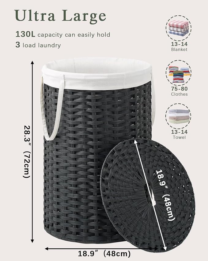 SETVSON Large Laundry Hamper Laundry Basket Round 130L, Black | Decorative PE Rattan Furniture Look for Bedroom, Round Laundry Hamper, Removable Liner Bag, 2 Mesh Bags, Handles
