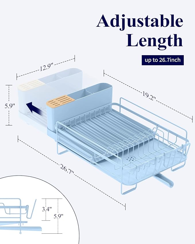 Kitsure Large Dish Drying Rack - Extendable Dish Rack, Multifunctional Dish Rack for Kitchen Counter, Anti-Rust Dish Drainers with Cutlery & Cup Holders 19.2"-26.7" L x 12.9" W, Blue