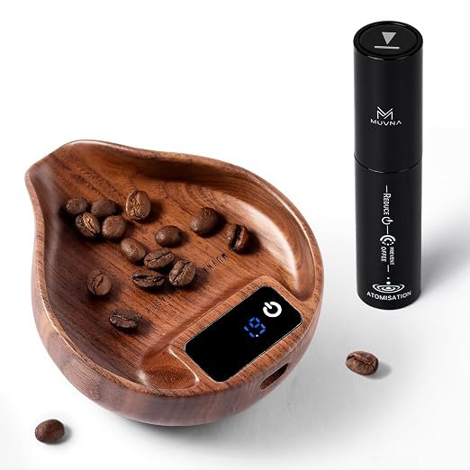 Walnut Coffee Bean Scale Cup and Spray Bottle Kit - Rechargeable 0.1 Precision Mini Digital Dosing Cup with LED Display for Kitchen Weighing Accessory, Espresso, Tea, Coffee Lover Gifts