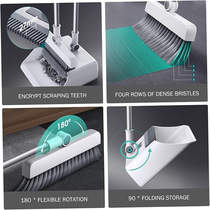 Broom with Dustpan, Broom Dustpan 3-in-1 90° Stand up Heavy Duty Dust Pan and Set with Long Handle 180° Rotation for Indoor & Outdoor Sweeping, Set
