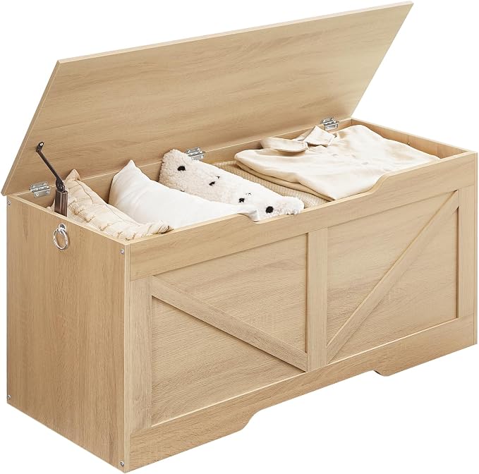 HOOBRO Storage Bench, 39.4” Retro Wooden Storage Chest with U-Shaped Cut-Out Pull, Safety Hinge, Supports 220 lb and Easy Assembly for Toy Box Organizer (Natural) NL771CW01G1