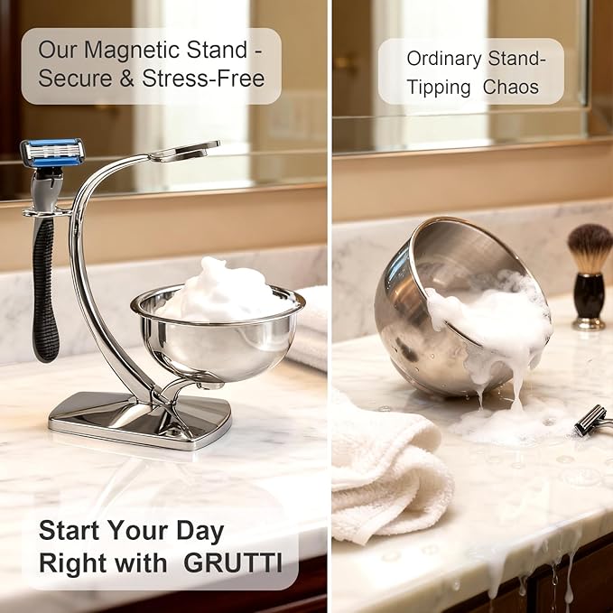 GRUTTI Shaving Bowl and Stand Set with Magnetic Base - 304 Steel Bowl & Chrome-Plated Alloy Stand, All-in-One Storage, Fits Most Razors & Brushes (Bowl & Stand Only)