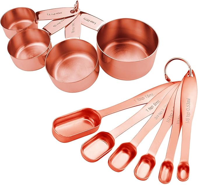 10-Piece Copper Measuring Cups and Spoons Set Stainless Steel Heavy Duty Rose Gold Engraved Stackable Nesting Kitchen Teaspoon/Tablespoon Set for Dry & Liquid Ingredients Coffee Cooking & Baking