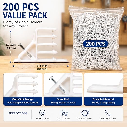 200 Pcs Multi-Cable Staples, Cable Stackers with Steel Nails Compatible with Romex NM Cable Coaxial, CAT5 CAT6 Data Cable, Electrical Wire Clip for Wood Studs In-Wall Wiring and Cable Management White