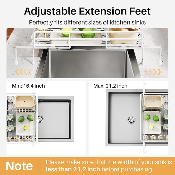 Expandable Dish Drying Rack for Kitchen Counter, Stainless Steel, White | Foldable Over Sink, Large Capacity, Adjust to Fit Most Sinks, Angled Drainboard, Removable Utensil Holder, Slip Resistant