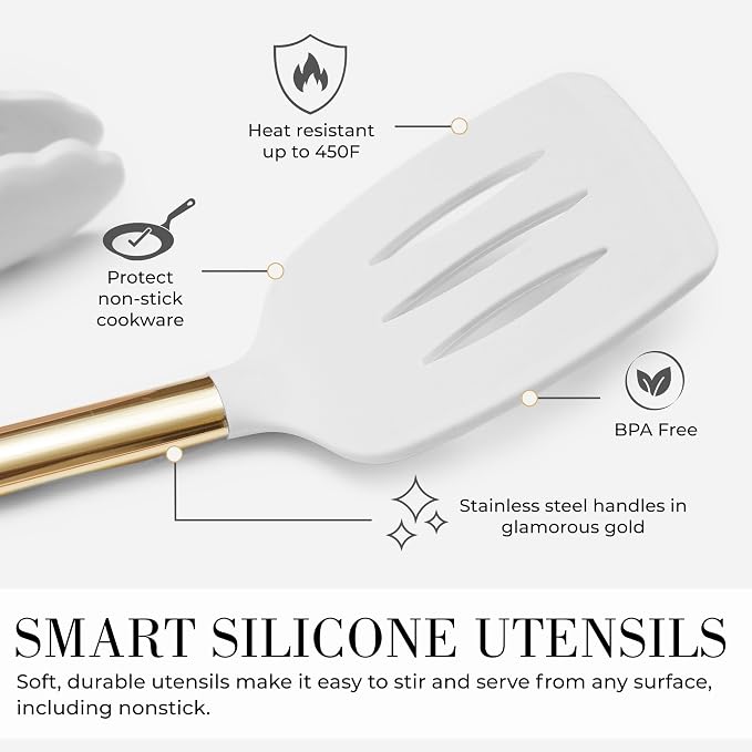 Gold Kitchen Utensils, 7-Piece Silicone Kitchen Utensils Set with Utensil Holder, White and Gold Kitchen Accessories, Luxury Kitchen Accessories for Modern Kitchens