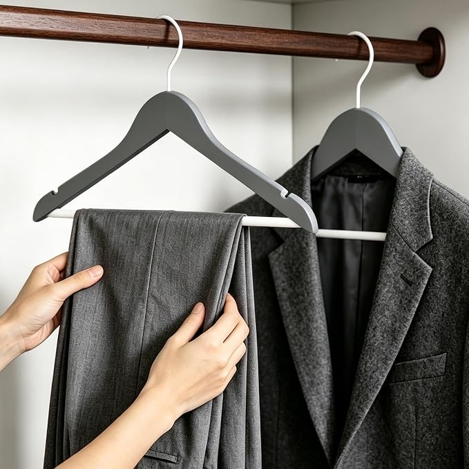 TOPIA HANGER Premium Wooden Hangers with Non-Slip Pant Bar, 360°Swivel Hook and Shoulder Notches, 30 Pack Solid Wood Clothes Hangers for Suit, Coat, Jacket, Camisole(Grey/White)-CT35GW30