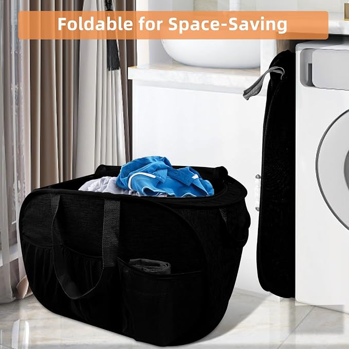 Collapsible Laundry Baskets with Lid, Foldable Laundry Basket with Pockets, Pop Up Laundry Hamper with Dual Handles, 99L Sturdy Clothes Hampers for Clothes, Groceries, Supplies, Tools, Black
