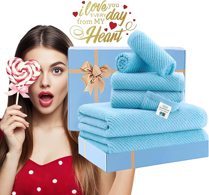 VOOVA & MOVAS 6PC Towel Set, 100% Cotton, Blue | 2 Large Bath 30x56 In, 2 Hand 18x28 In, 2 Wash Cloths 13x13 In, Quick Dry, Thick, Soft, Luxury Towel Gift Set