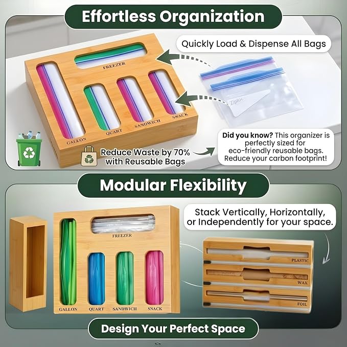 9 IN 1 Storage Bag Organizer for Kitchen Drawer - Wall Mounted | Bamboo Foil and Plastic Wrap with Cutter, Ziplock Bag Organizer for Gallon, Sandwich & Snack Bags - Aluminum Foil Organizer