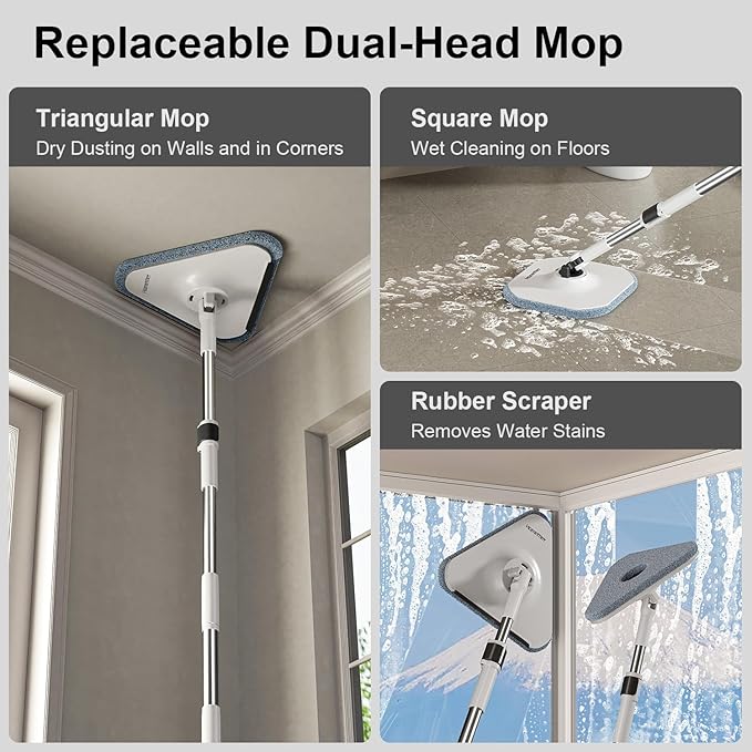 HoMettler Mop and Bucket Set, Dual-Tank Clean/Dirty Water Separation, with Triangular Head & 4 Microfiber Pads for Deep-Cleaning Floors, Versatile Mops for Walls
