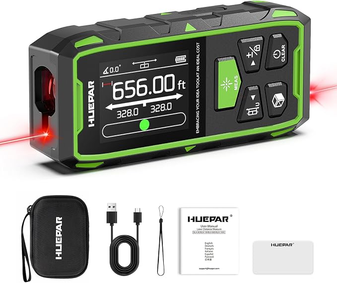 Huepar Professional 656ft/200M Dual Laser Distance Measuring Tool, 5 Years Warranty. Rechargeable Laser Room Measure Devices, Bilateral Metro Laser Measurement Tool with Angle Sensor, Magnetic Back