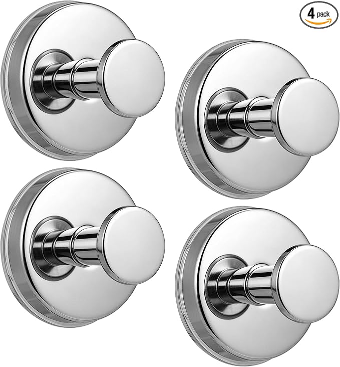 Suction Cup Hooks No Drill Stainless Steel Shower Hooks Towel Hook Heavy Duty on Smooth and Non-Porous Surfaces in Bathrooms Kitchen Bedroom (4, Chrome Polished)