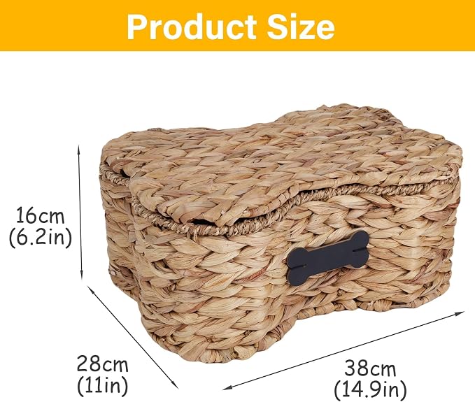 Dog Toy Basket with Lid, Bone Shape Wicker Pet Toy Storage Bin, Handmade Water Hyacinth Dog Organizer with Name Label, Dog Cat Toy Basket Holder Box for Living Room, Leashes, Balls, Blankets