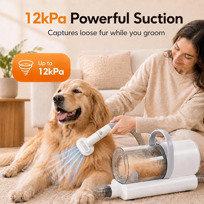 Dog Grooming Vacuum, 12000Pa Powerful with 1.5L Cup 7 in 1 Pet Electric Grooming Vacuum for with Hair Clipper & Shedding Brush, Low Noise, 3 Suction Levels for Thick Hair Cats & Dogs
