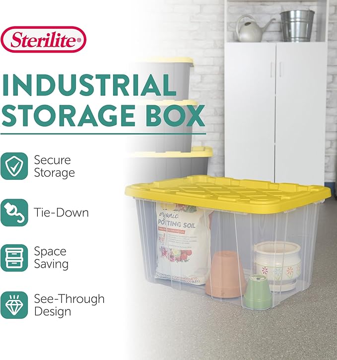 Sterilite 4-Pack Industrial Storage Box, Plastic Container Bins w/Lids, 27 Gallon, Yellow - Heavy-Duty Organizing Containers for Closet, Bathroom, and Office