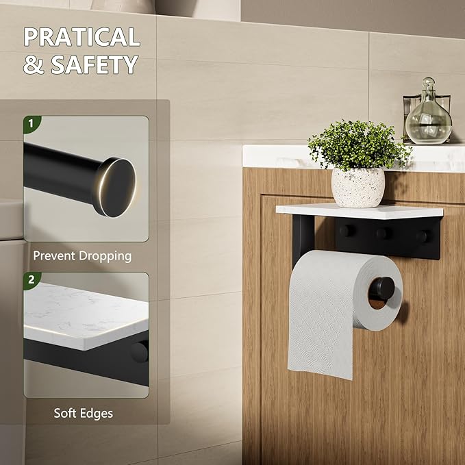 Marble Toilet Paper Holder with Shelf, Evolvegoods Matte Black Bathroom Toilet Paper Holder Wall Mount, 304 Stainless Steel Modern Toilet Paper Roll Holder Storage Tissue Holder