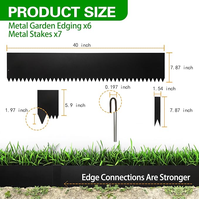 Metal Landscape Edging 6 Pack 40" L x 8" H | 20 FT Galvanized Bendable Metal Garden Edging,Hammer- in Steel Landscape Edging with a Pair of Gloves and 7 Clips,Black