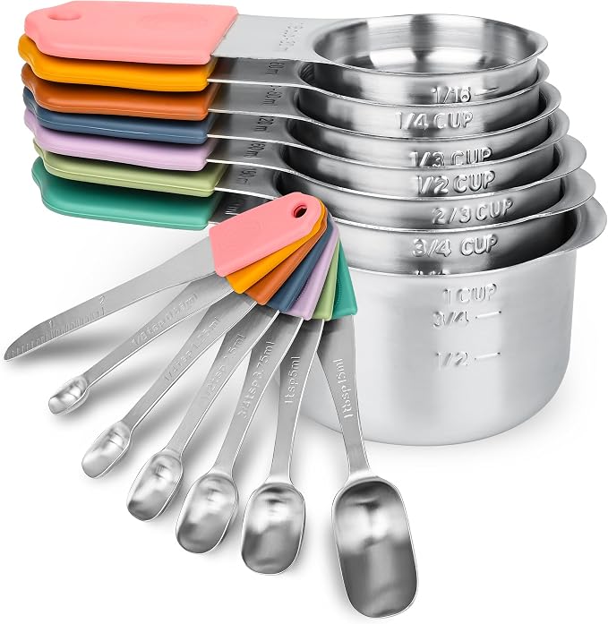 Magnetic Measuring Cups & Spoons Set 14, Heavy Duty Stainless Steel Measuring Cups and Spoons Set for Baking & Cooking, BPA Free, Round Measuring Set with Leveler, Color