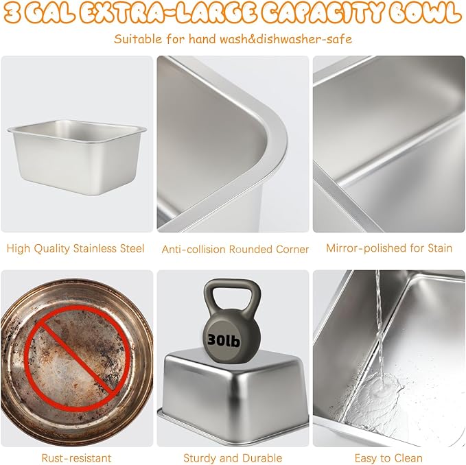 BWOGUE 3 Gal Elevated Dog Water Bowl, Stainless Steel Stand for Large Dogs | Raised Dog Water Bowl, 4 Adjustable Heights at 9/11/13/15 in, Non-Slip Base, Indoor/Outdoor Use, Joint Pressure Relief