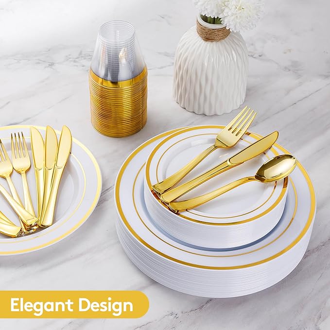 Goodluck 600 Pieces Gold Disposable Plates for 100 Guests, Plastic Plates for Party, Dinnerware Set of 100 Dinner and 100 Dessert Plates, 100 Spoons, 100 Forks, 100 Knives, 100 Cups