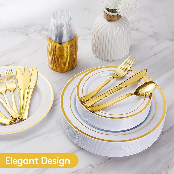 Goodluck 300 Pieces Gold Disposable Plates for 50 Guests, Plastic Plates for Party, Wedding, Dinnerware Set of 50 Dinner Plates, 50 Salad Plates, 50 Spoons, 50 Forks, 50 Knives, 50 Cups