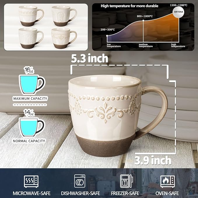 Artena Ceramic Coffee Mugs Set of 4, 16oz Embossed Large Latte Mugs Coffee Cups with Handle for Tea, Latte, Cappuccino & Cocoa, Milk Dishwasher & Microwave Safe, White (Multiple Patterns)
