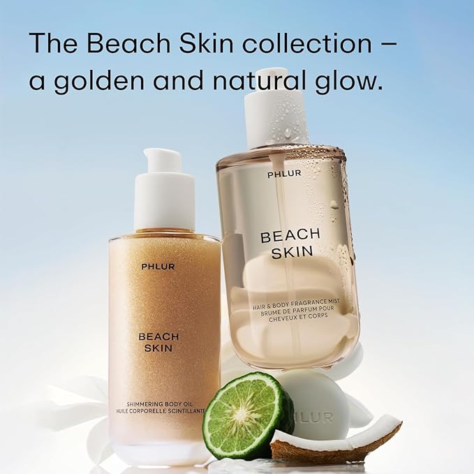 PHLUR Beach Skin Shimmering Body Oil, 4 Fl Oz – Coconut, Vanilla & Sandalwood Scented Body Oil for Women & Men, Hydrating Moisturizing After Shower Oil with Subtle Glow & Skin Musk Finish