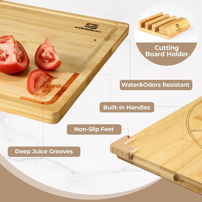 Large Bamboo Cutting Boards Set of 4 for Kitchen, Bamboo Charcuterie Chopping Board with Holder Non Slip, Steak Serving Tray with Juice Groove, Big Butcher Block for Cheese, Ideal for Gift