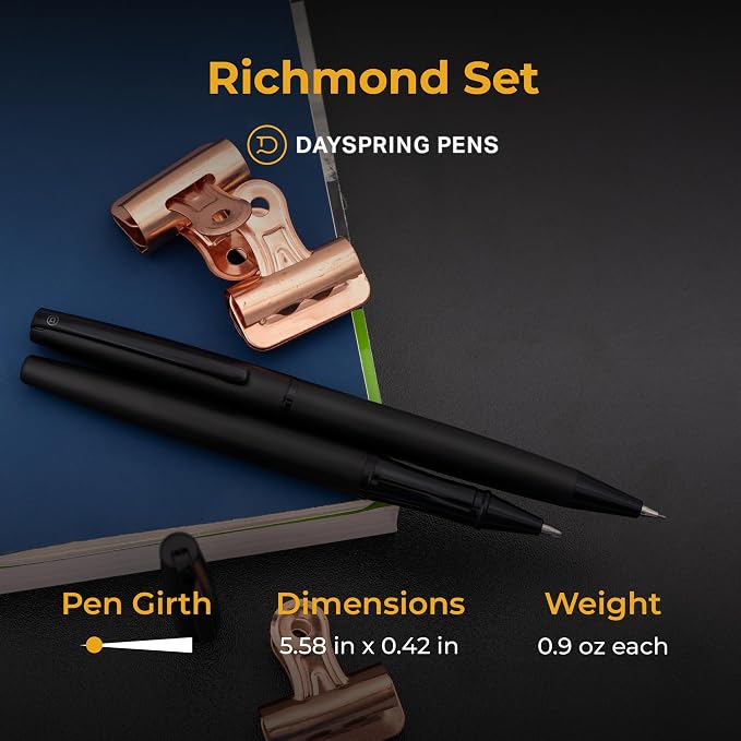 Dayspring Pens Richmond Rollerball and Pencil Set, Matte Black, Silver Engraving, Standard Ceramic Refill, 0.7mm Pencil with Lead, Gift for Graduation, Career Advancement, Birthdays