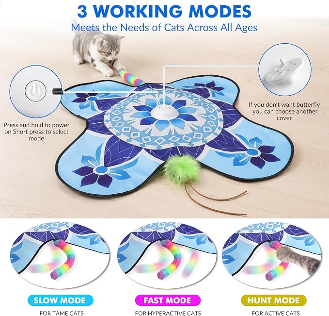 Wortade Interactive Cat Toys for Indoor Cats Rechargeable, Moving Concealed Wand Feather, Automatic Fluttering Butterfly Cat Stimulation Toys for Indoor Cats, Hide and Seek Kitten Toy (Blue)