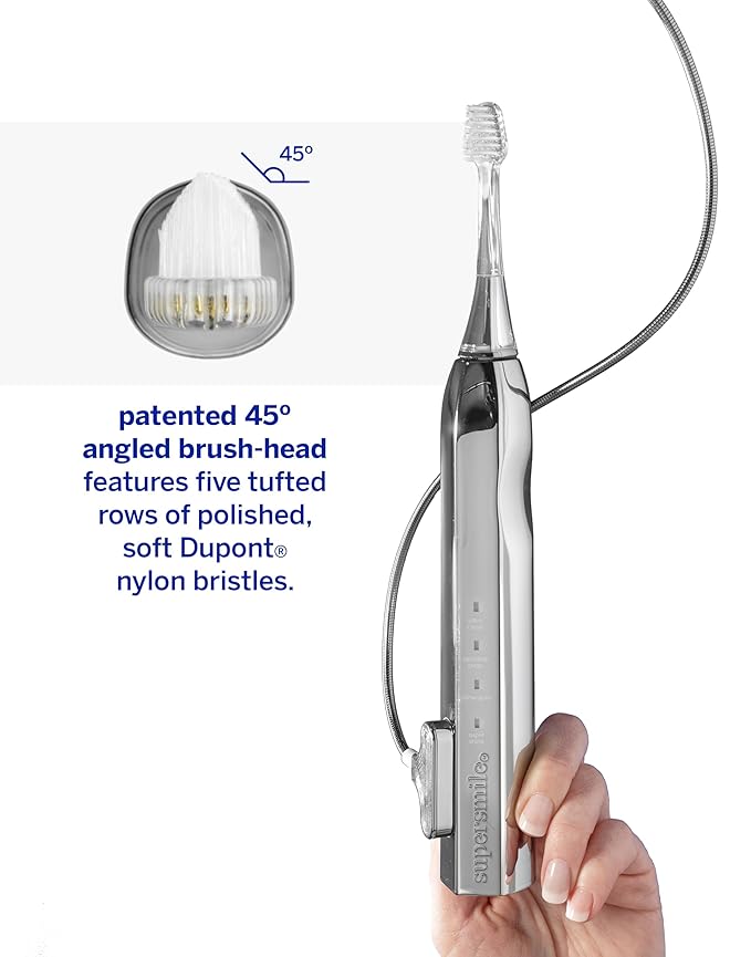 Supersmile Zina45™ Deluxe Sonic Pulse Toothbrush – Rechargeable Electric Brush with Angled Head & Travel Case – for Whiter Teeth and Healthier Gums, Silver