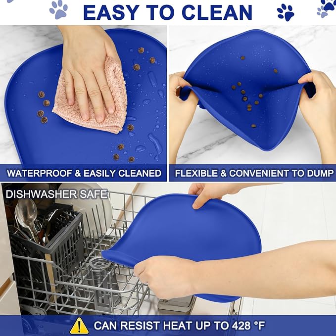 SMILOOL Waterproof Silicone Pet Food Mat with Raised Edge for Dog & Cat | 12" x 12" Non-Slip Small Pet Feeding Mats with Lip for Food & Water Bowl, Food Grade, Easy Cleaning, Navy Blue