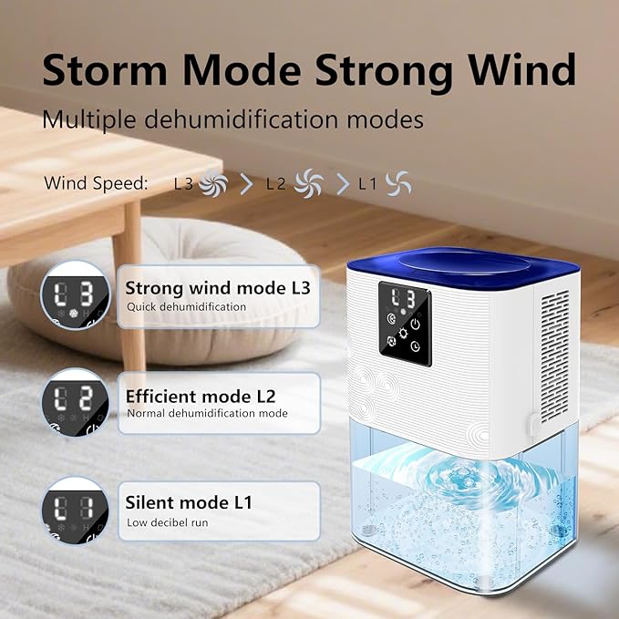 Dehumidifier, 3L/105oz Water Tank, 1100ml/Day, Bathroom Bedroom Basement RV, Ultra-Quiet 28dB Sleep Mode, Auto Shut-Off, Auto Defrost, 7-Color LED Light, Digital Display (White)