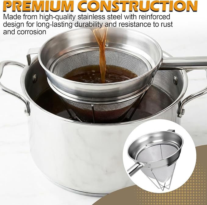 8 Inch Chinois Strainer,18/8 Stainless Steel Conical Fine Mesh Bouillon Sieve, Heavy Duty China Cap Strainers with Stand for Sauces Soups Broth Purees Jam