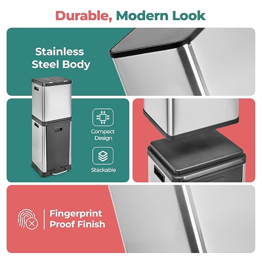 HOLDN’ STORAGE 36L Triple-Compartment Trash & Recycling Bin for Kitchen, Multi-Access Opening, Odor Control, Stainless Steel, 3 Trash Bag Rolls Included