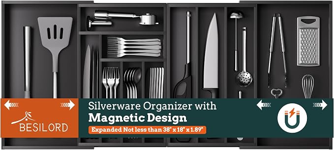 Silverware Organizer Large, Magnetic Connected Expandable 11 Slots Silverware Drawer Organizer from 21 to 37.4 Inches, Adjustable Flatware and Cutlery Holder, Bamboo Utensil Tray for Kitchen Black